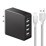 Qouya 5.2A, 4 Port USB Portable Travel Wall Charger with 10' Long Apple Lightning Cable for iPhone 7/7Plus/6S/6S Plus/6/5S/SE/5C,iPad Air/Mini/Pro - 26 W