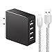 Qouya 5.2A, 4 Port USB Portable Travel Wall Charger with 10' Long Apple Lightning Cable for iPhone 7/7Plus/6S/6S Plus/6/5S/SE/5C,iPad Air/Mini/Pro - 26 W