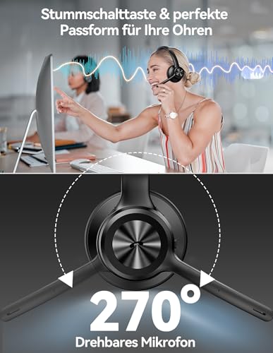 TECKNET V5.2 Bluetooth Headset with Microphone & USB Dongle Wireless Headset with Noise Cancelling and Mute Microphone On-Ear Headphones Wireless for Trucker / Call Center / Office - 50+ Hours Battery
