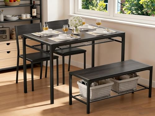 Gizoon Küchentisch und 2 Stühle für 4 Personen mit Sitzbank, 4-teiliges Esstisch Set für kleinen Raum, Wohnung, schwarz