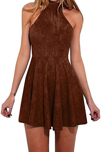 UNION FASHION LTD Women's Back Lace Up Dress Sexy Sleeveless Halter Skater Dress (Small, Bronze)