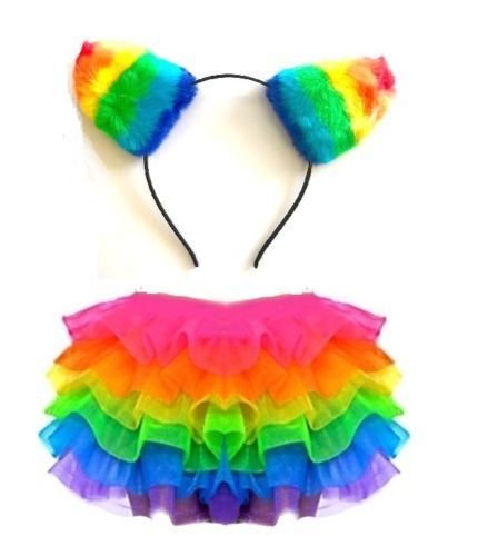 Lizzy Kids Animal Ear Set Tutu Costume School Book day week Nativity Angel Fairy Wings Fancy Dress Party Outfit Skirt Accessories Kit (Rainbow Pony Ears Tutu Costume)