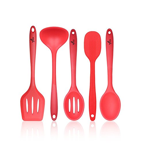 VVBOX Silicone Cooking Utensil Set 5pcs Kitchen Utensils Slotted Turner Solid Spoon Slotted Spoon Spatula Ladle - Red