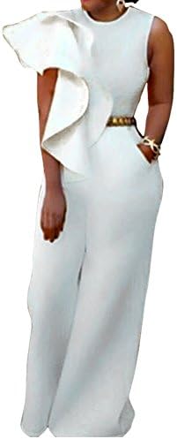 Slim Bloom Women's Sexy Ruched Ruffle Wide Leg Pants Bodycon Clubwear Jumpsuit Rompers White 2XL