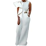 Bodycon4U Women's Sexy Ruched Ruffle Wide Leg Pants Bodycon Clubwear Jumpsuit Rompers White L