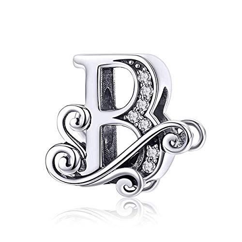 Genuine 925 Sterling Silver Initial A-Z Alphabet Bead 26 Letter Charms for Pandora Bracelet Jewellery (B)