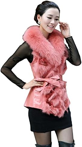 Queenshiny Women's 100% Real Sheep Leather and Fox Fur Vest with Fox Collar-Pink-XS(0-2)