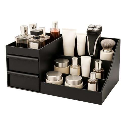 SEOSI Cologne Organizer for Men,Bathroom Organizers Shaving Tools Men,Perfume Organizer with Drawer,Dresser Organizer Countertop for Men's Bedroom Essentialsnd storage, bathroom decor (Black, Medium)