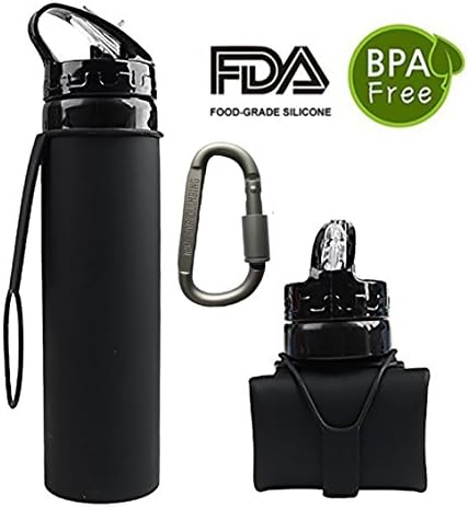 Collapsible Silicone Water Bottle,FDA-Approved Foldable Roll up,20 oz 600mL Folding Canteen for Camping,Hiking,Great for Cycling,Traveling, Beach,Outdoor Sport (Blue)