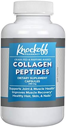 Collagen Peptides Supplements (100 Capsules, 250 mg) by Knock Off Pharmacy, Grass-Fed, Pasture-Raised Powdered Collagen Peptides, Improves Health & Recovery of Joints, Muscles, Skin, Hair, Nails