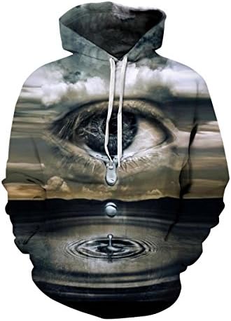 Haloon Man's Hipster 3d Print Drawstring Plus Velvet Pullover Hoodies Tears Lake XL
