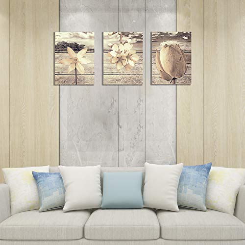 Canvas Art for Living Room Khaki Flower Wall Decor Painting and Brown Background Floral Print Pictures Artwork (12x16inch x3pcs)