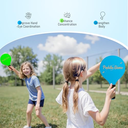 INPODAK Beach Bat and Ball Set, Kids Wooden Paddle Ball, Beach Ball Racket Set, Wood Racket Game- 2 Paddles 4 Birdies 2 Balls, Garden Family Game Toys for Boys Girls Teens Years Old