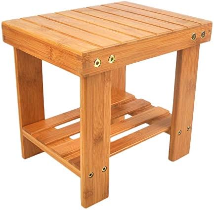 Hyshina Bamboo Step Stool Kids Children Adults Durable Anti-Slip Lightweight Wooden Stool Storage Shelf Multifunctional Small Size Toddlers Seat Bench Bathroom Kitchen Living Room Bedroom