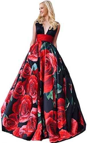 DarlingU Womens Floral Prom Evening Dresses 2019 Long Pockets Formal Party Gown