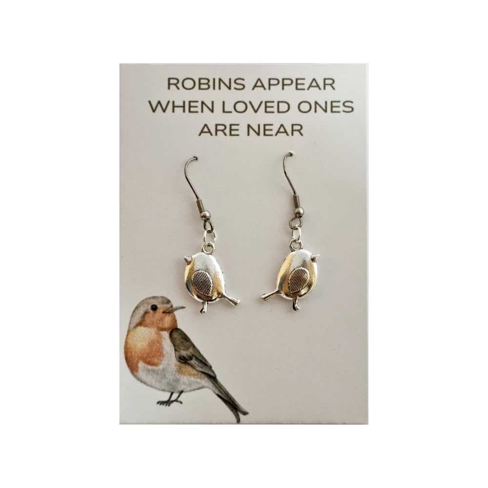 Handmade Robin Dangly Earrings for Women – Robin Bird Design on Presentation Card, Memorial Gifts | Stainless Steel Hanging Fish Hooks Grieving & Bereavement Robin Jewellery for Loss - Made In The UK