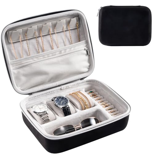 ProCase Mens Extra Large Jewelry Storage Case, 3 Slots Travel Watch Accessories Carrying Box, Glasses Necklaces Rings Bracelets Zippered Organizer Bag for Male -Blackgrey