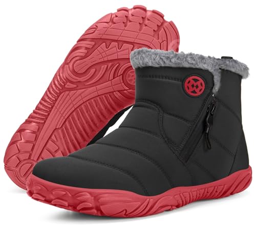 Gaatpot Barfußschuhe Herren Winterschuhe Warm Gefüttert Stiefel Outdoor Rutschfeste Winterboots Schuhe Schwarz_Rot 44