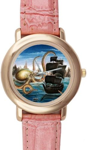 Special Design Scary Kraken Octopus Attacking Ship Pink Ladies Leather Alloy High-grade Watch
