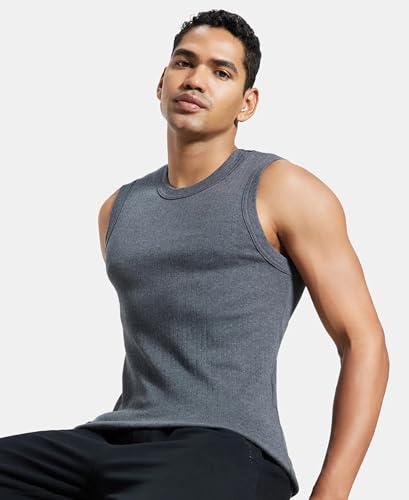 Jockey 9930 Men's Super Combed Cotton Rib Solid Round Neck Muscle Vest_Charcoal Melange_M 4