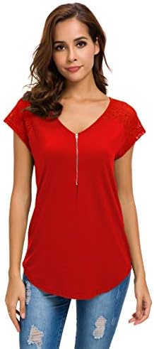 Womens Short Sleeve Zip up Tunic Lace Shoulder Casual Fitting Shirt Blouse Tops