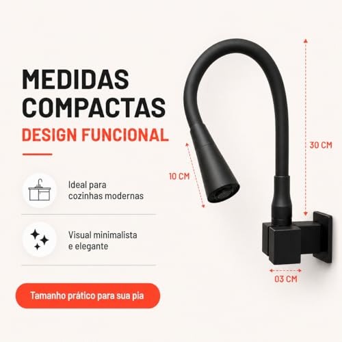 Torneira Gourmet de Parede Preta Fosca Flexível 1/4 Volta em Aço Inoxidável, Bica Móvel, Estilo Moderno para Cozinha, Alta Durabilidade e Acabamento Premium