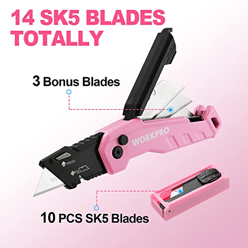 WORKPRO Folding Utility Knife, Quick Change Box Cutter, Razor Knife for Cartons, Cardboard, Boxes, Blade Storage in Handle, 13 Extra Blades Included (Pink)