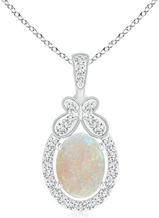 Floating Opal and Diamond Halo Pendant with Butterfly Motif (8x6mm Opal)
