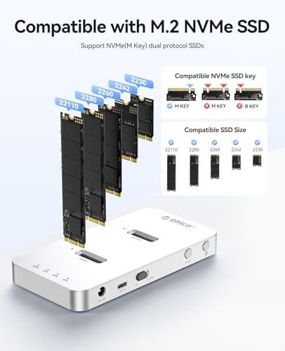 ORICO M.2 NVMe - Carcasa para clonación SSD (aluminio, con dos compartimentos y 40 Gbps, base de clon offline para SSD M.2 de los formatos 2230/2242/2260/2280/22110 – M240)
