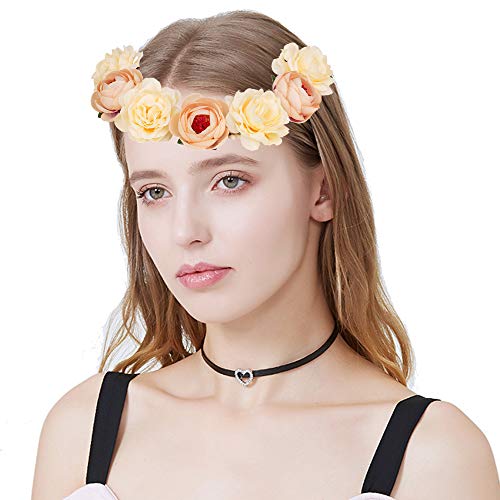 Thunaraz Women Boho Floral Crown Hair Wreath Flower Headband with Adjustable Ribbon Halo Festival Wedding Party