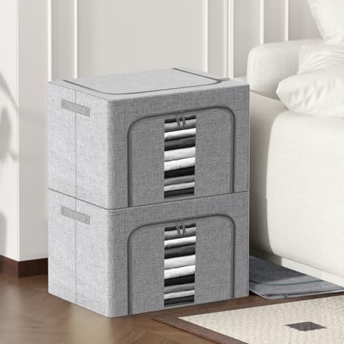Eyeleaf Storage Bags with Zips, 3PCS Linen Clothes Storage Bag 24L 66L 100L Large Storage Bags Foldable with Metal Frame Lid Clear Window Durable Handles for Clothes Bags (66L)