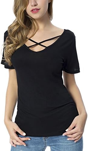 Songbai Women's Casual Short Sleeve Solid Criss Cross Front V-Neck T-Shirt Tops