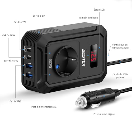BESTEK Converter 12 V 220 V 230 V 240 V 200 W Cigarette Lighter Socket Voltage Transformer, 4 USB Ports and 1 EU Sockets, Car Camping Car Charger with Multi Protectors (Black)