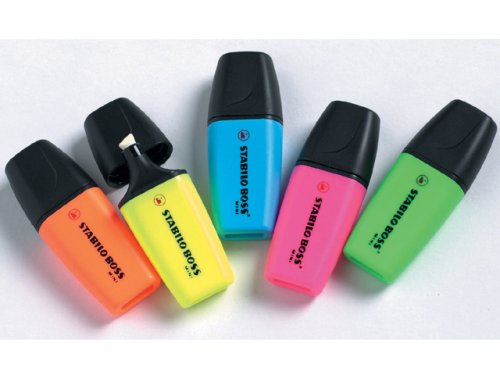 Stabilo Boss mini highlighters, assorted pack of yellow, blue, green, orange and pink colours, PACK of 5
