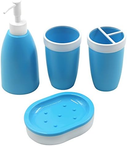 Kisstaker Bathroom Accessory Sets Toothbrush Holder Tumbler Soap Dish Soap Dispenser Food Grade Plastic Set of 4 Blue