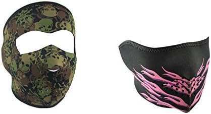 Bundle (2 Items): 1 ZanHeadgear 'All Over Skull Camo' Full Face Neoprene Face Masks -AND- 1 Zan 'Pink Flames' Half Face Neoprene Face Mask, Ski Mask