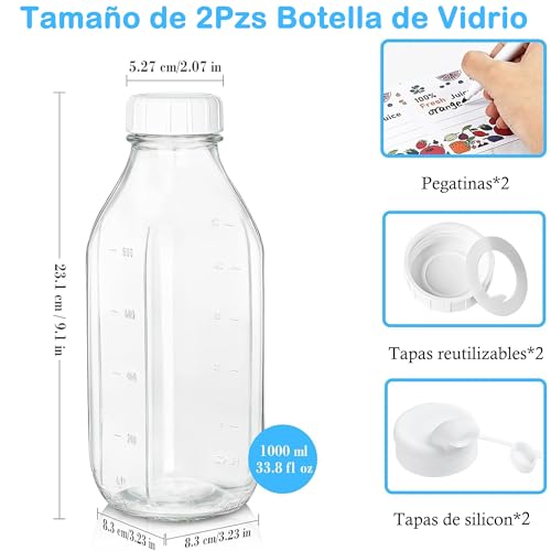 BYKNTEA 2 Piezas Botella de Vidrio para Leche con Tapa 1 Litro, 2 Tetinas y Adhesivo Antideslizante, Fácil de Limpiar, Jarra de Vidrio Grado Alimenticio para Jugo, Miel, Café