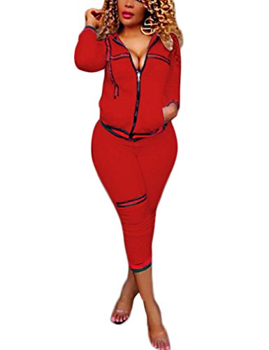 Womens Two Piece Outfits Hooded Jacket Suit Pants Set Sweatsuits Red L