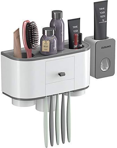 Amazon バスルーム歯ブラシホルダーうがい薬カップ歯ブラシ カップウォッシュセット 自動歯磨き粉 ファッション 浴室の壁掛棚無料パンチサクションカップタイプ 家庭用歯ブラシホルダー多機能バスルーム収納ラック 3カップ グレー 歯ブラシスタンド ホーム