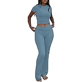 AYWA Women's 2 Piece Lounge Sets Short Sleeve Crop Top Foldover Flare Pants Casual Pajama Outfits