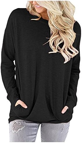 CadeVic Women's Casual Long Sleeve Round Neck With Pocket Sweatshirts Loose T Shirts Blouses Tops