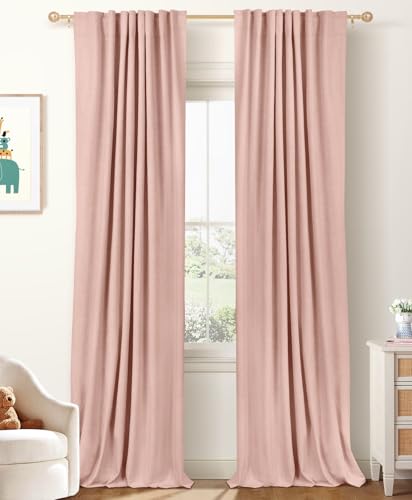 Photo 1 of 100% Blackout Shield Linen Blackout Curtains for Bedroom 102 Inches Long, Back Tab/Rod Pocket Living Room Drapes, Thermal Insulated Blackout Curtains 2 Panels Set, 50" W x 102" L, Blush Pink