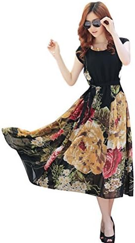 POGT Women's Summer Casual Short Sleeve Floral Print Bohemian Chiffon Long Maxi Dress (L, Black)