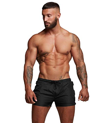 TONLEN Mens Swimwear Sports Shorts Swim Trunks with Zipper Pockets Black L - Thumbnail 2