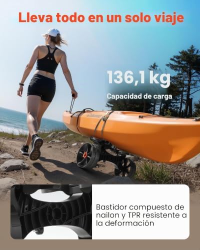 Remolque Horizontal para Kayak, Remolque Plegable 615 x 325 x 320 mm con Neumáticos de Goma Maciza de 25,4 cm y 1 Correa de Trinquete Carga 136 kg, Carrito para Tabla de Surf de Remo, Kayaks