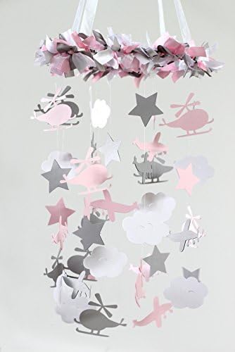 Airplane, Helicopter, Cloud &amp; Star Mobile in Light Pink, Gray &amp; White