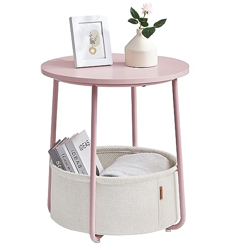 VASAGLE Side Table, Round End Table with Fabric Basket, for Living Room Bedroom, Modern Style, Jelly Pink and Cream White LILEA Collection LET223R61