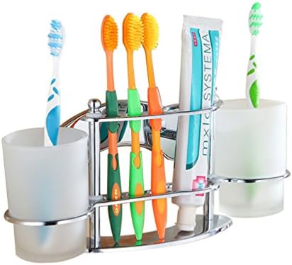 GDrems Stainless Steel Wall Mounted Toothbrush &amp; Toothpaste and Tumbler Holder with 2 Cups for Bathroom,Chrome finish