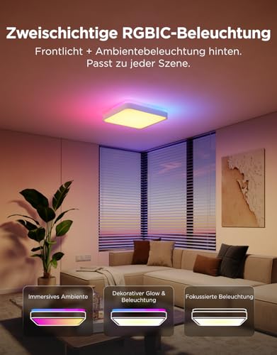 Govee RGBIC Ceiling Light, 48.5 W, Smart LED Ceiling Light, 4300 lm, Compatible with Matter, Alexa & Google Assistant, LED Ceiling Light, Diameter 38 cm, Dimmable with Backlight for Living Room