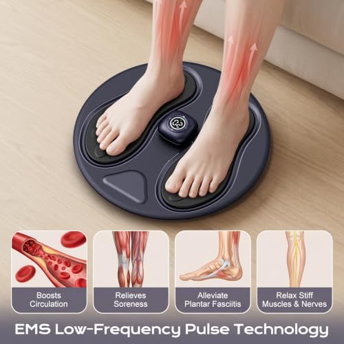 EMS Foot Massager for Pain Relief and Circulation,Foot Circulation Machine for Muscle Relaxation,10 Modes & 20 Intensity Levels, Detachable Easy-Clean Foot Massage Mat for Daily Relaxation at Home